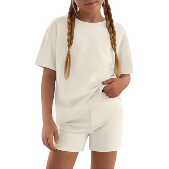 Abcomgle Short Sets for Girls 10-12 Girls 2 Piece Outfits Solid Ruffle Sleeve Tee Top and Elastic Waist Tight Shorts Cute Casual Girls Shorts Set