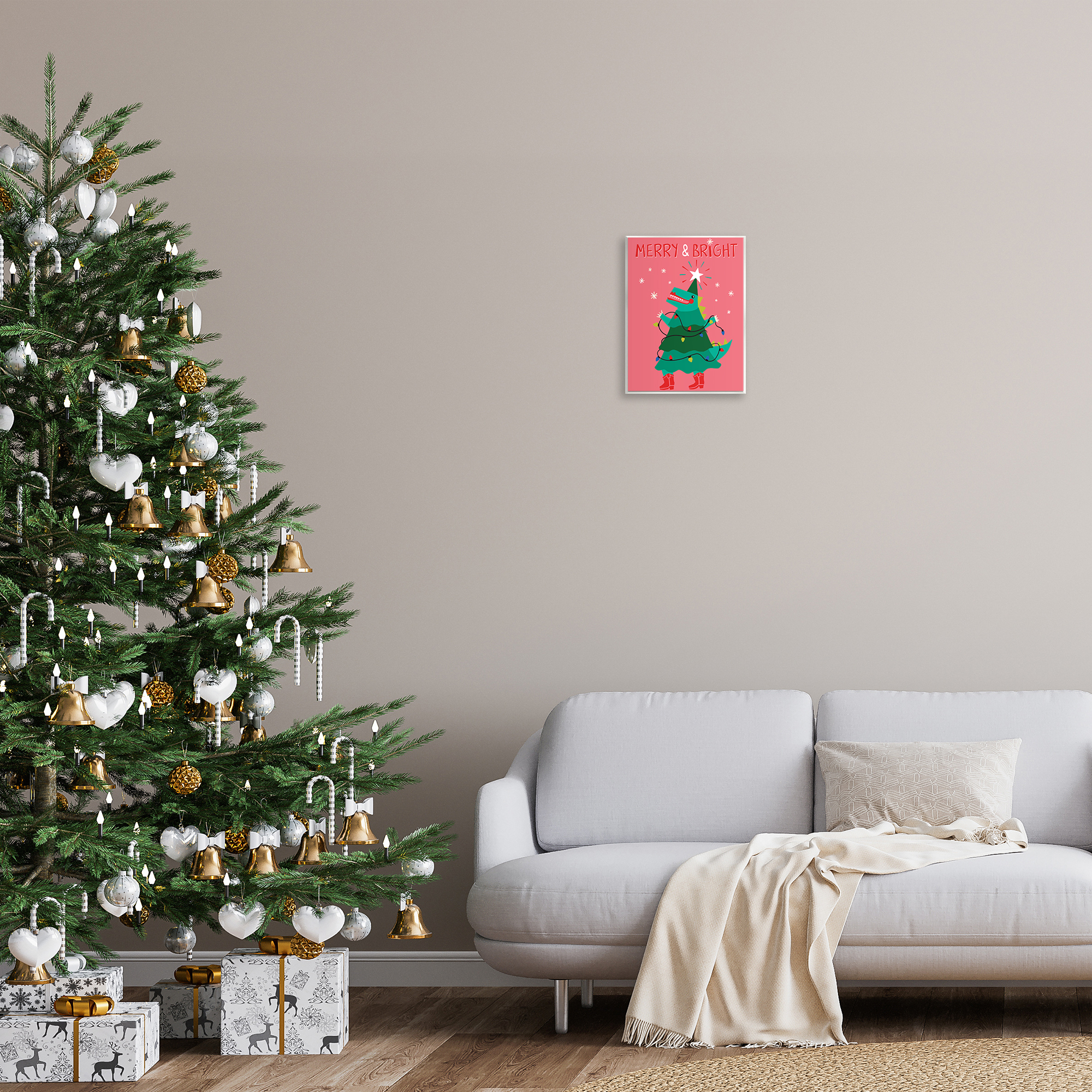 Stupell Industries Merry and Bright Dinosaur Holiday Painting Unframed Art Prints Wall Art, 11 x 14