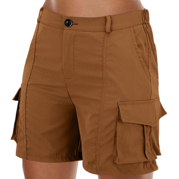 2025 Jean Shorts for Women Women's Solid Color Work Pants Casual Elastic Waist Shorts with Multiple Pockets Pants Brown Xxl