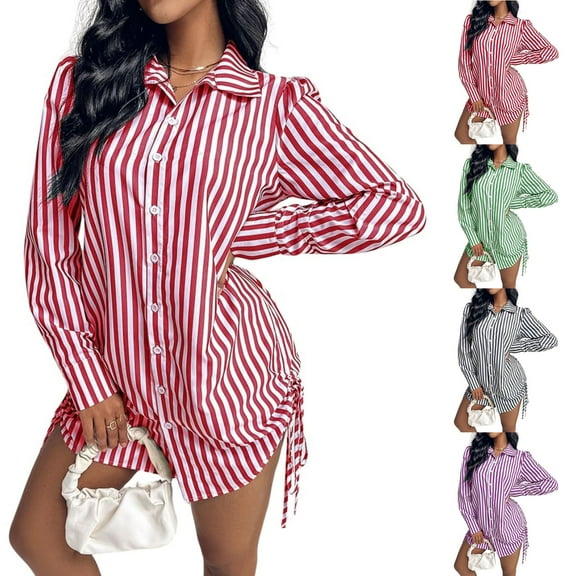 Antinious Elegant Dresses for Women Long Sleeve Striped Button Drawstring Shirt Collar Casual Slim Mid Length Beach Dress,Fall Winter Savings!Birthday Dresses for Women,Women Party Dress,Black,XL