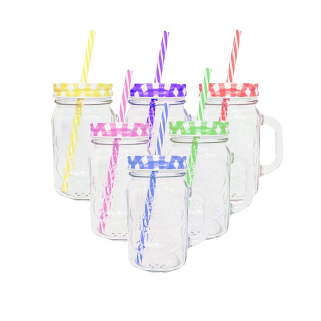 Paquete de 6 Frascos Tarros Mason De Vidrio Con Asa Elegir Tapa Drink Lab Ice Cold Liso Transparente 473ml