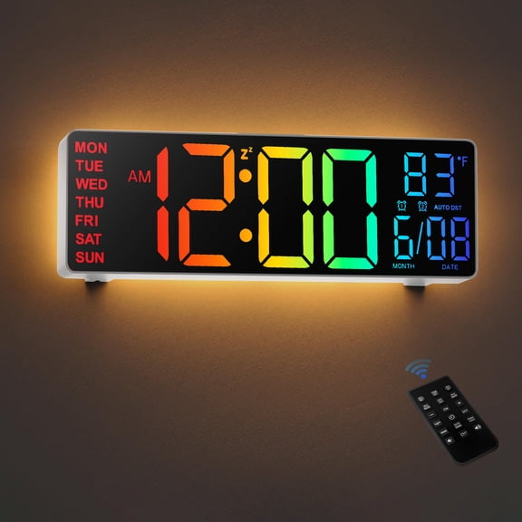 LEIKE Digital Wall Clock for Classroom Livingroom Game Home Decor with LED Display RGB Lights, BIuetooth Sync, Dual Alarms, Auto DST, Countdown, Remote Control, Temperature
