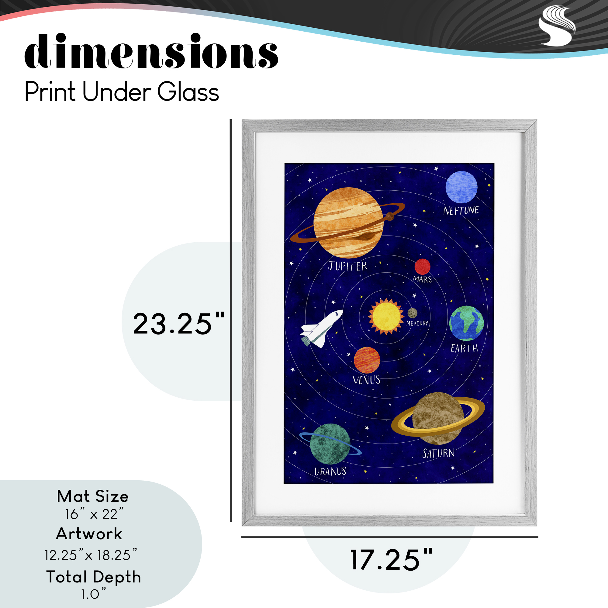 Solar System Education Gray Framed Print Under Glass, design by Elizabeth Caldwell
