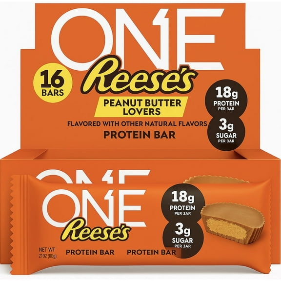 ONE Protein Bars, Reese's ONE Peanut Butter Lovers, Gluten Free with 18g Protein and 3g Sugar, Pantry Staples, 2.12 oz (16 Count)