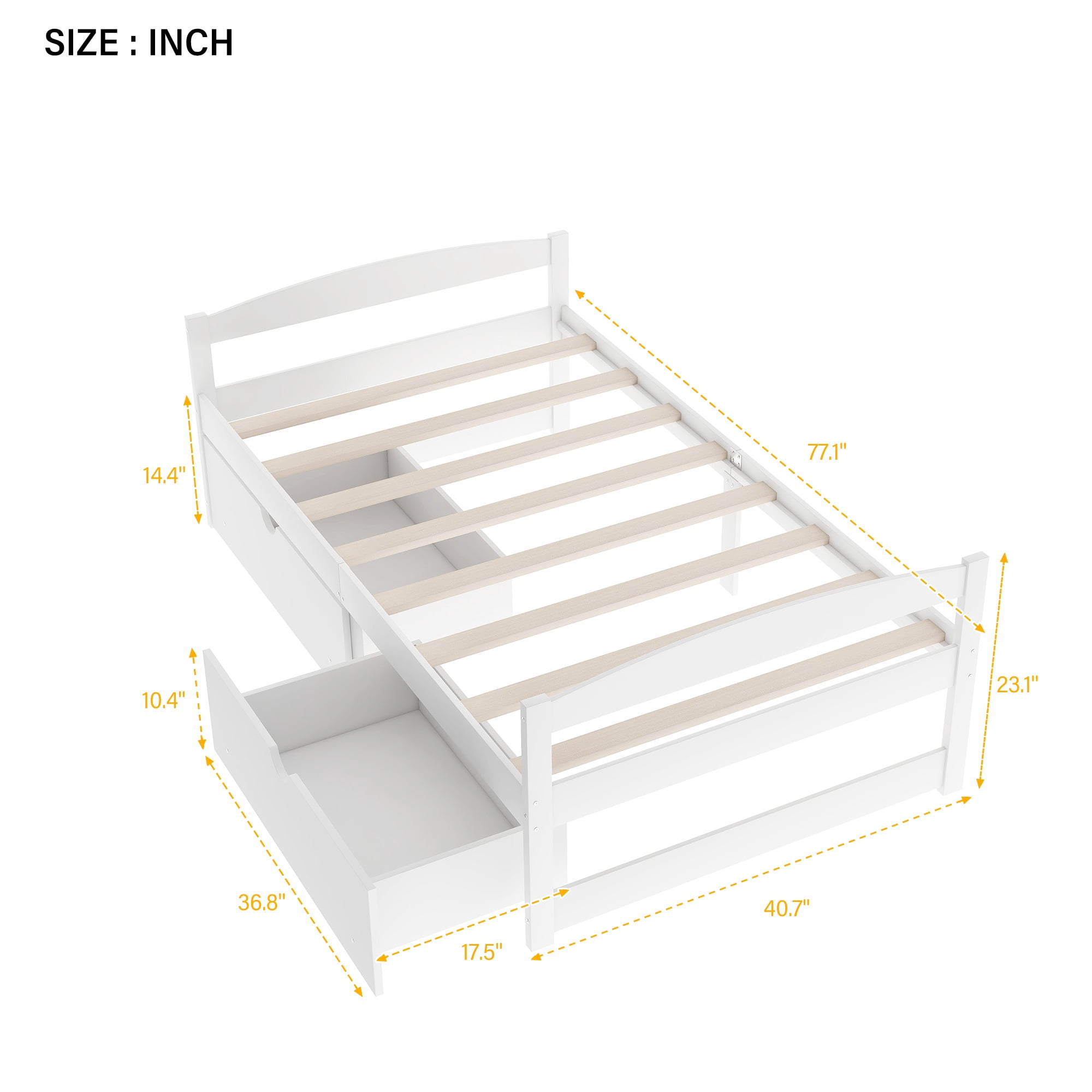 PORKISS Twin Bed Frame with 2 Storage Drawers, White Twin Size Platform Bed with Wood Slat Support, No Box Spring Needed, Wood Bed Frame for Kids, Teens, Guest Room