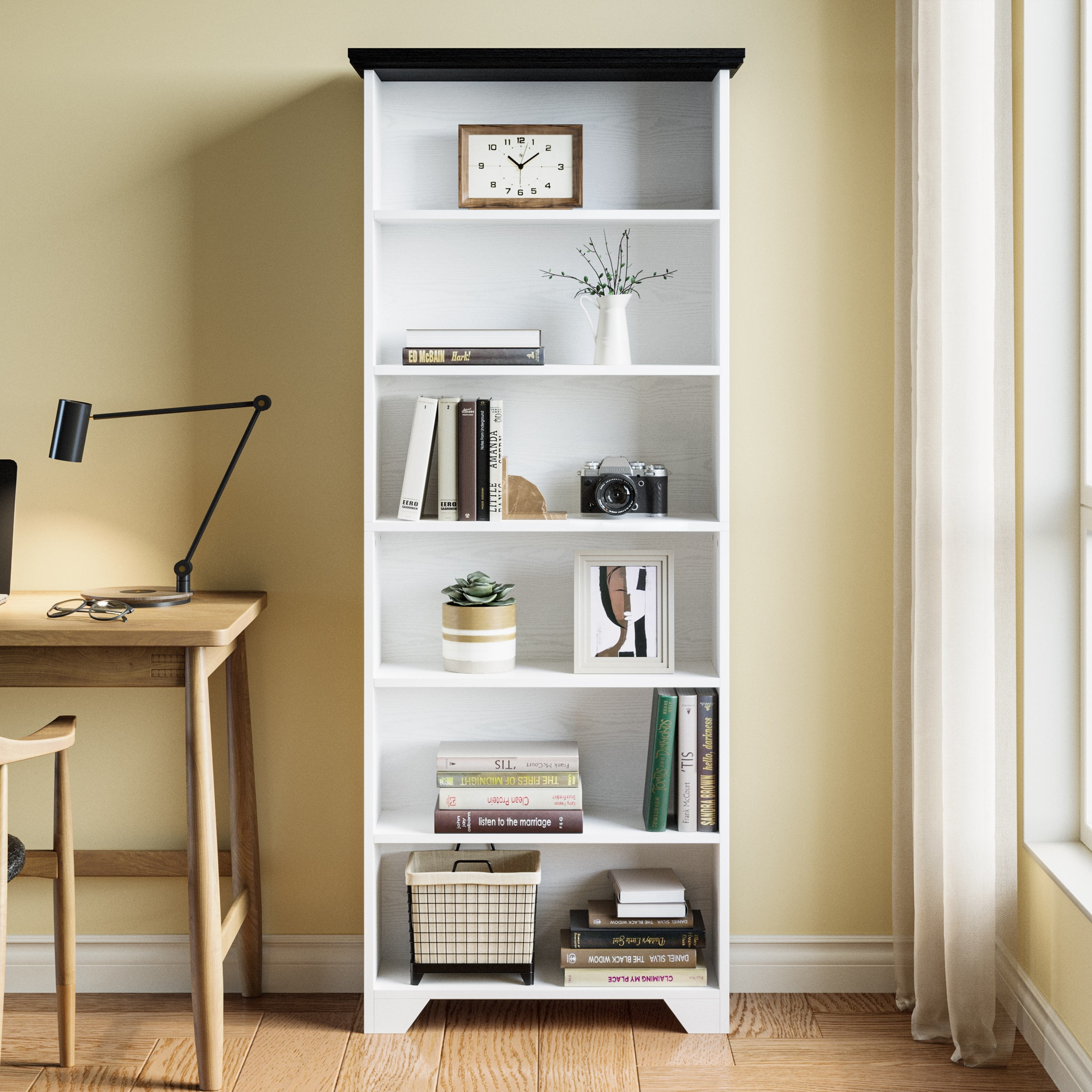 IRONCK 71" Tall 6 Tier Bookcase, Wood Book Shelf for Home Office, Bedroom, Living Room, Shiplap Black/White