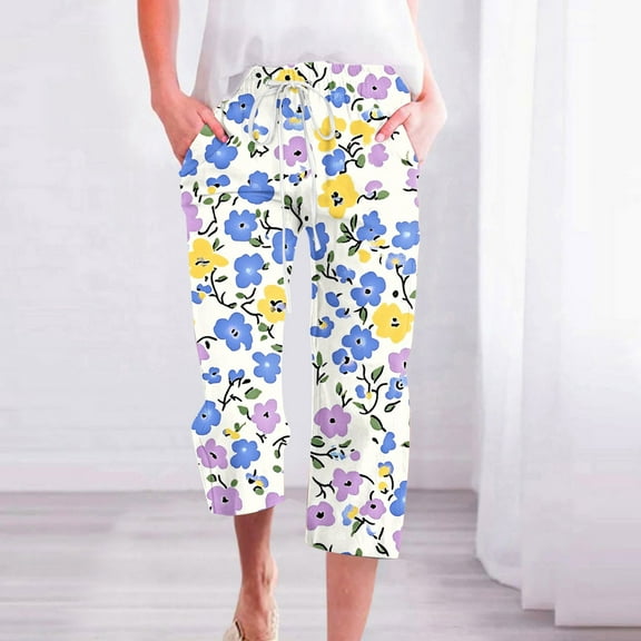 BiZtdJrK Women's Linen Yoga Capris Drawstring High Waisted Floral Print Pants Lightweight Comfy Capri Pants with Pockets on sale clearance Multicolor#1 S