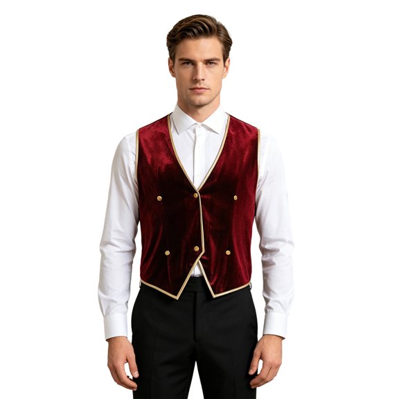 TiaoBug Men's Velvet Victorian Prince Waistcoat Sleeveless Gold Trim Double Breasted Suits Vest Formal Tailcoat Jacket Red M