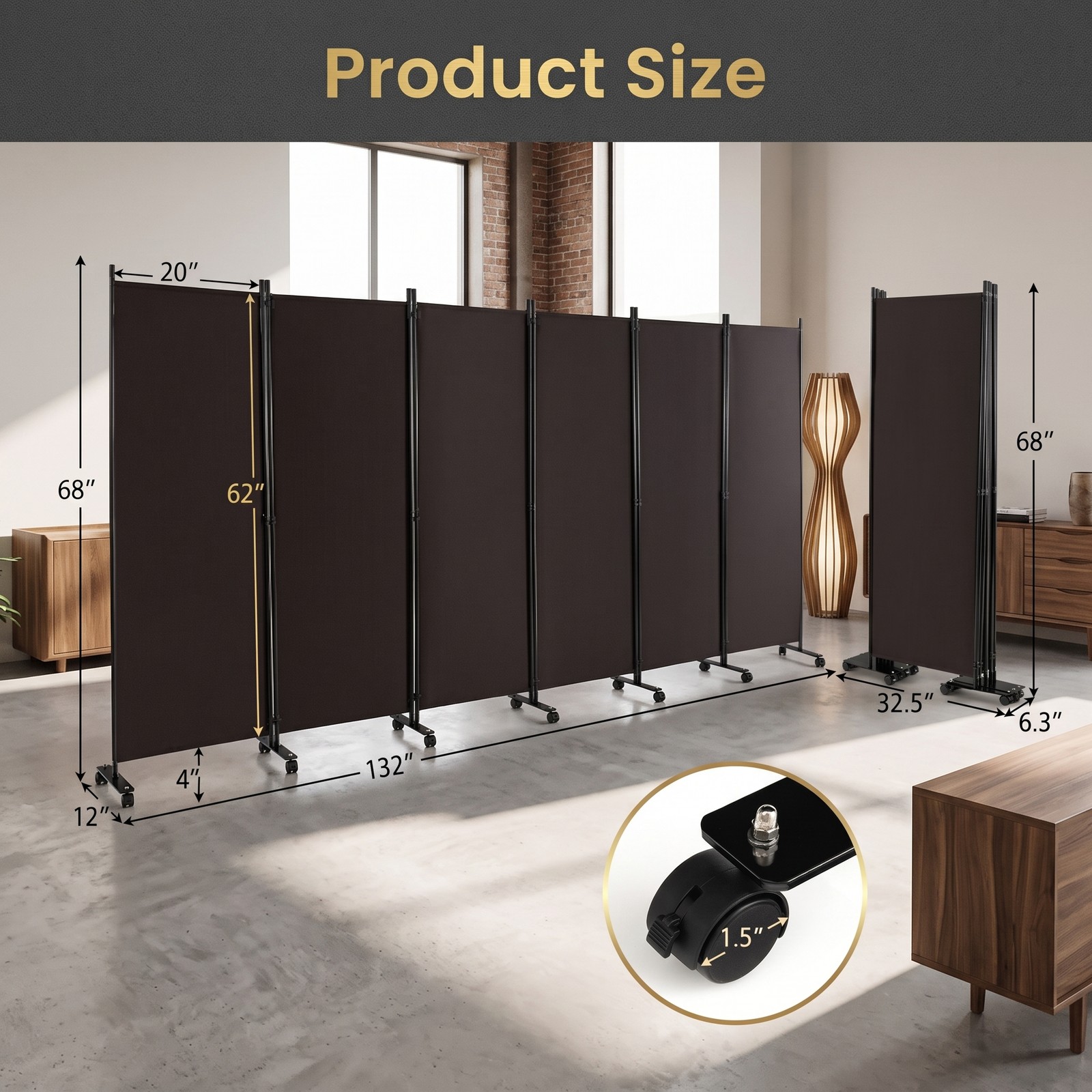 ALPULON 6 Panel Rolling Room Divider on Wheels, 5.7 Feet Tall Freestanding Folding Privacy Screen, Woven Fabric Partition for Home Office Bedroom Dormitory, Walnut