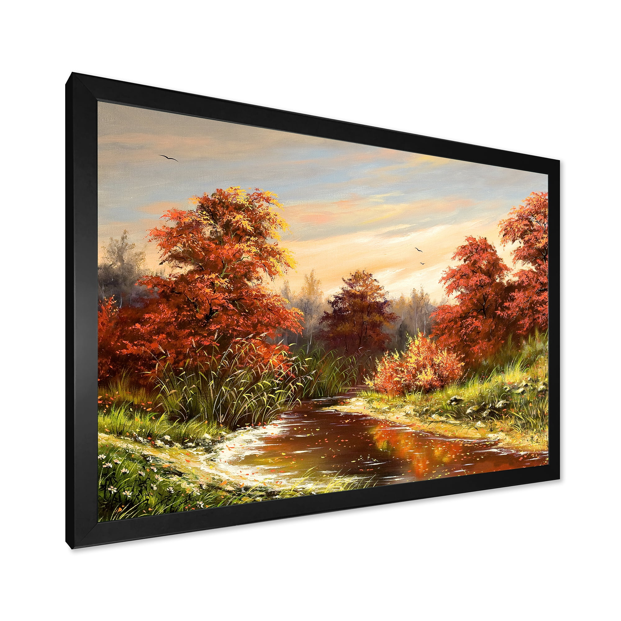 Designart 'The Wood River On A Decline In An Orange Autum Summer' Lake House Framed Art Print