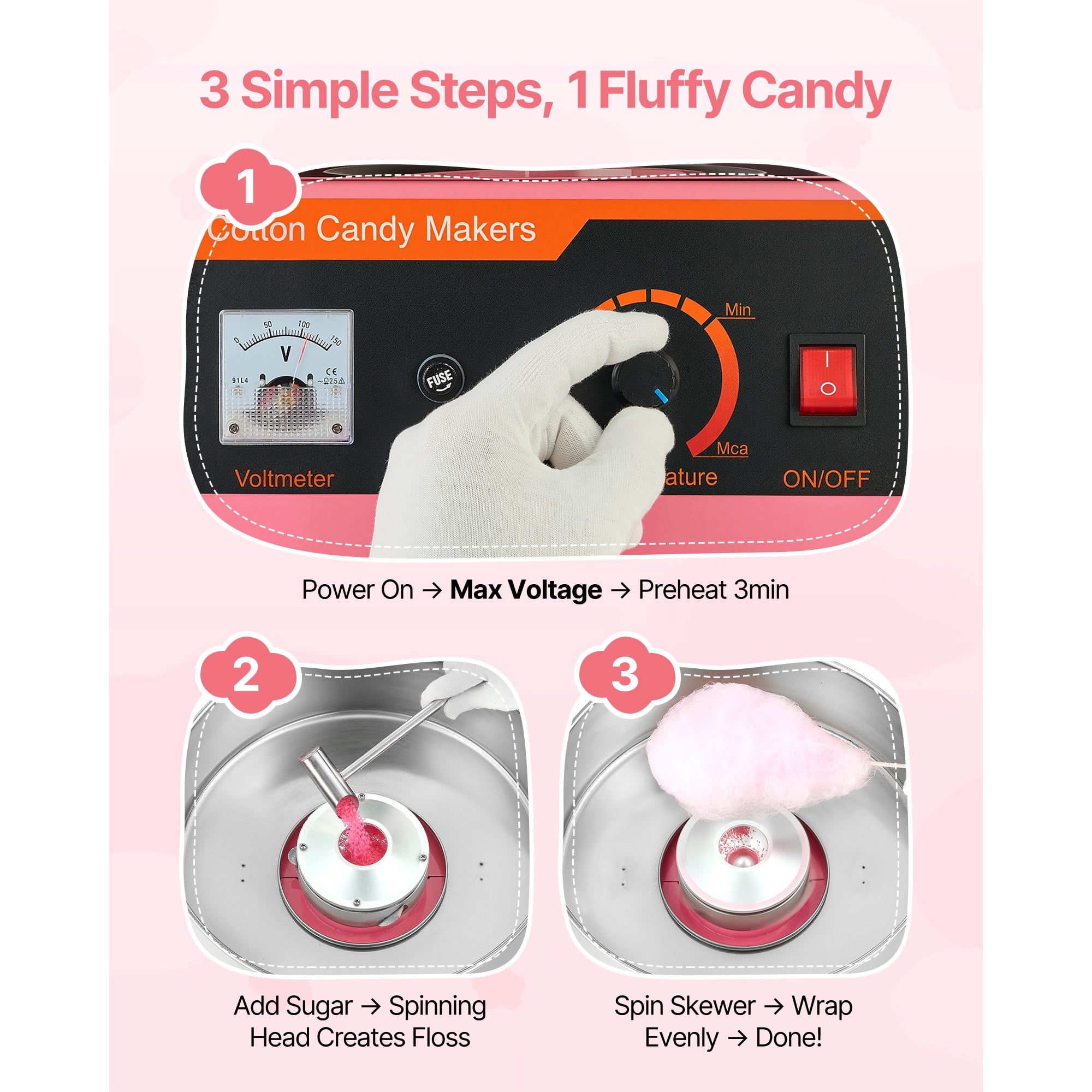 KFFKFF Commercial Cotton Candy Machine, 1000W Electric Floss Maker with 15-inch Stainless Steel Bowl and Sugar Scoop, Suitable for Hard Candy, Perfect for Home, Kids' Birthdays, and Family Gatherings