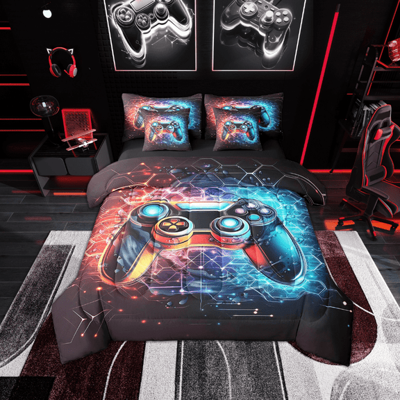 Erosebridal Teenager Gamepads Bedding Sets Twin Size,Video Game Comforter Sets with Sheets,Hexagon Honeycomb Bed in a Bag Twin size,Breathable Geometric Bedroom Decoration,Reversible,7-Piece