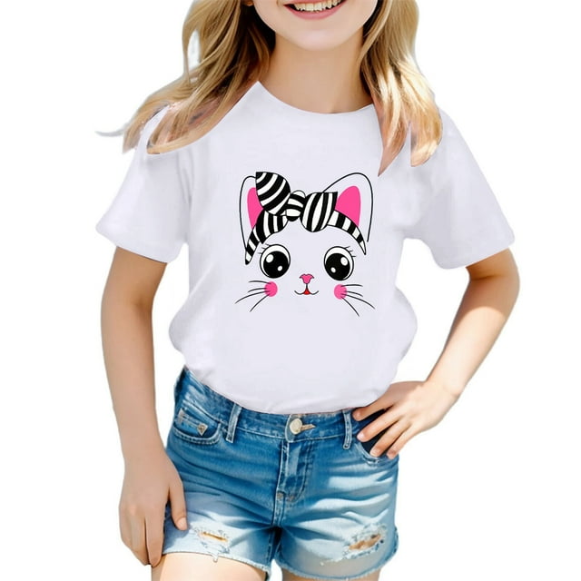 PMVFHDE Hauts d'Été pour Fille Hauts d'Été pour Filles T-Shirts pour Fille T-Shirts Graphiques pour Fille Ensembles de Shorts et Hauts de Bain pour Filles T-Shirt Graphique à Col Rond à Manches Courtes pour Fille T-Shirt d'Été Blanc, 8-9 Ans