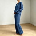thumbnail image 3 of Women's 2 Piece Loungewear Outfits Ribbed Knit V Neck Long Sleeve Top and Wide Leg Pants Sets Soft Warm Fall Winter Casual Tracksuit Blue, 3 of 7