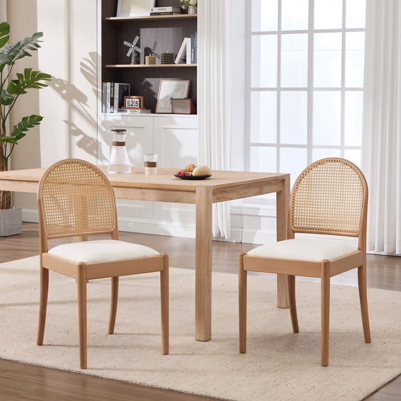 Leumius Rattan Dining Chairs Set of 2, Upholstered Linen Dining Room Chairs with Backrests, Modern Kitchen Chairs with Wood Legs for Dining Room, Beige