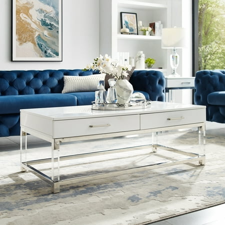 Inspired Home Maximo Coffee Table 2 Drawers High Gloss Acrylic Legs Chrome Stainless Steel Base Modern Design White Canada Inspired Home Maximo Coffee Table 2, White High Gloss Coffee Table With Chrome Legs