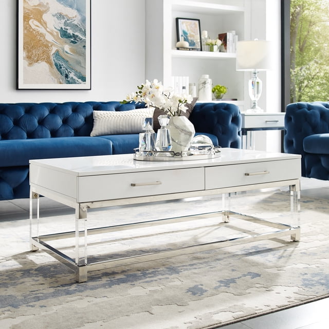 Inspired Home Maximo Table Basse 2 Tiroirs Pieds en Acrylique Haute Brillance Base en Acier Inoxydable Chromé Design Moderne, Blanc/chrome