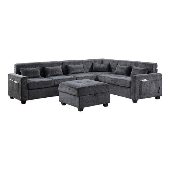 Reyna Sectional Sofa- Ottoman- Adjustable Back- Gray Chenille 115 Inch