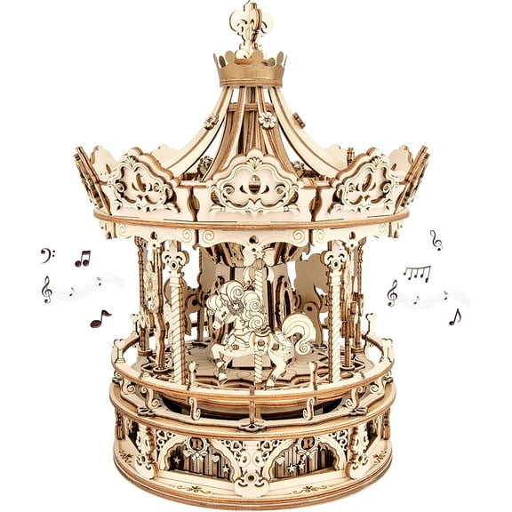 ROKR 3D Wooden Puzzle Carousel Model Building Kits Rotating 5-Horses Music Box Christmas Birthday Gift for Kids Girls Daughter Wife Girlfriend(AMK62 Romantic Carousel)