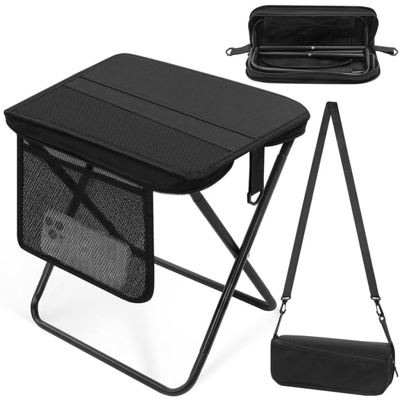 Portable Folding Camp Stool with Side Pocket, Tall Foldable Camping Stool for Adults, Lightweight Metal Folding Camping Chair, Compact Backpacking Travel Seat for Fishing, Hiking, Outdoor Camping