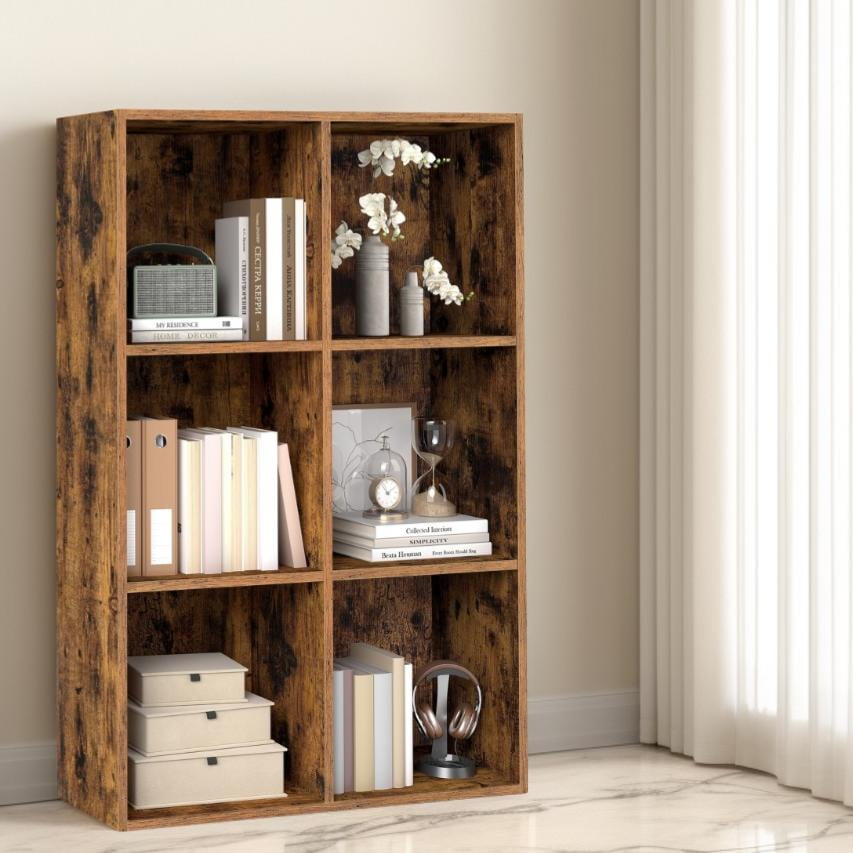 LEDREM 6-Compartment Cube Bookshelf with Open Storage, Multifunctional Bookcase and Display Shelf for Living Room Home Office Dining Room, Rustic Brown