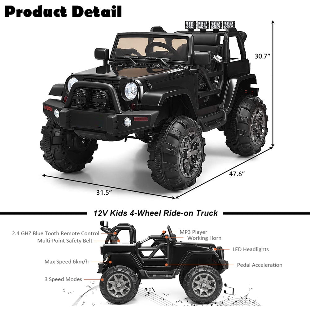 Kepooman 12V Kids Ride-On Truck Car,  Electric Cars for Kids with Remote Control and LED Lights, 3 Speeds, Spring Suspension, Black