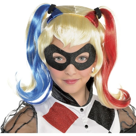 Suit Yourself DC Super Hero Girls Sassy Harley Quinn Wig for Children, One Size, Features Red, Blue, and Blonde Pigtails