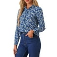 thumbnail image 4 of INSPIRE CHIC Valentine's Day Women's Button Down Shirt Ditsy Floral Long Sleeve Point Collar Office Top S Deep Blue, 4 of 6