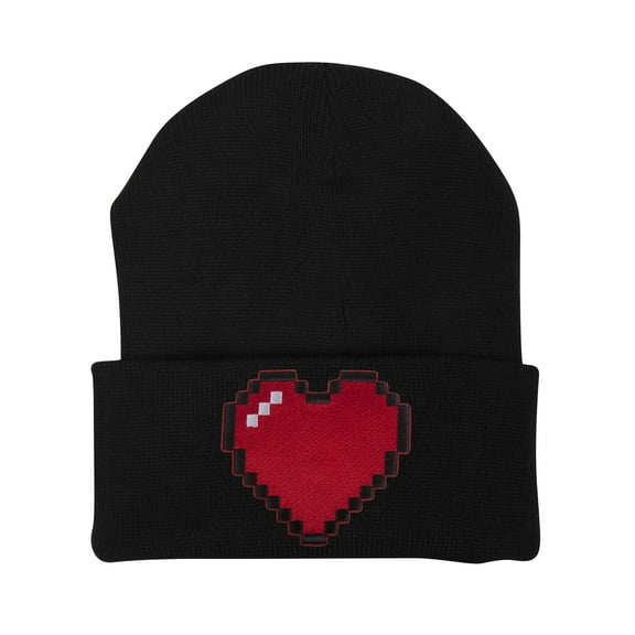 80s Video Game Pixelated Heart Patch Cuffed Beanie - Black