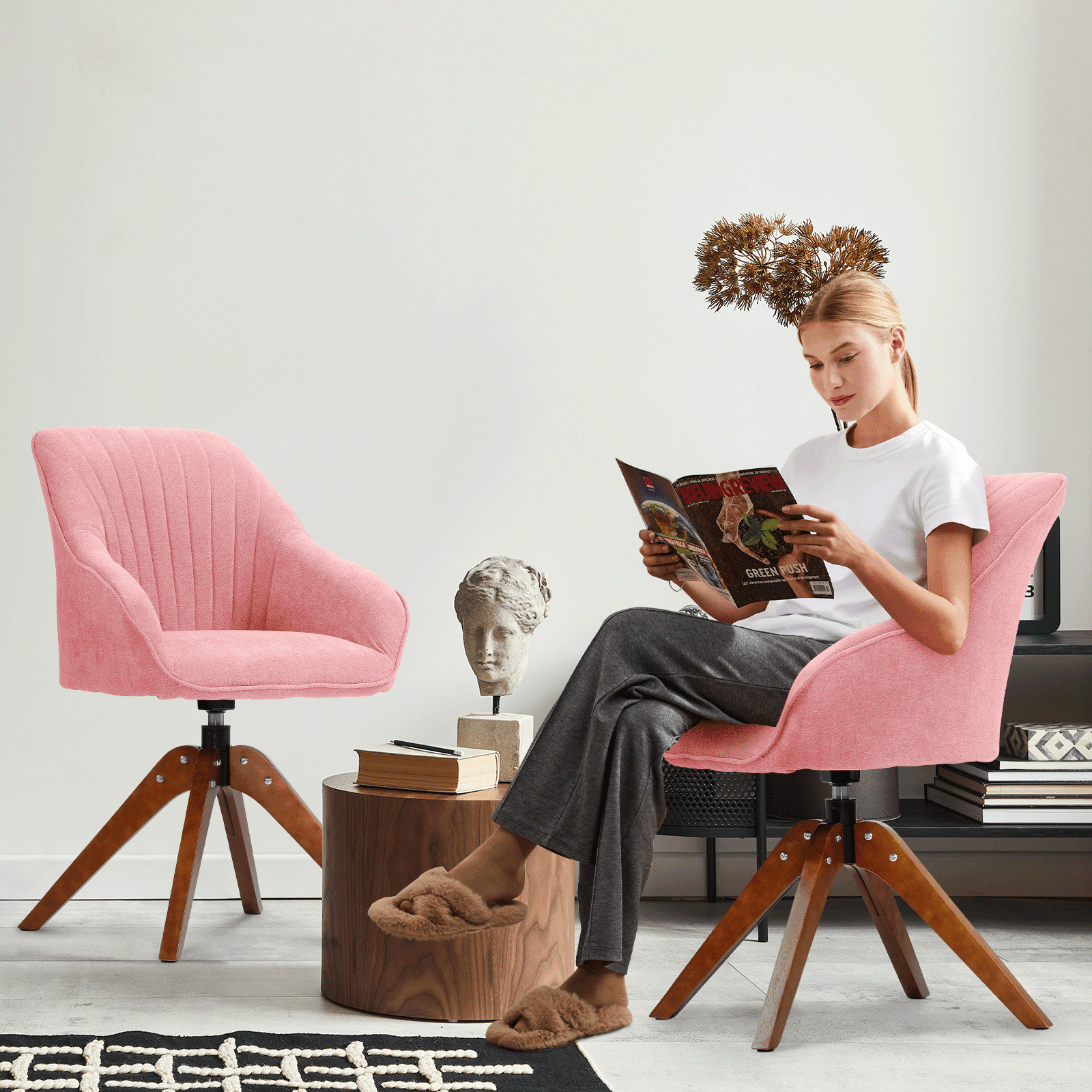 OSM Modern Swivel Accent Chairs, Set of 2 for Living Room, Solid Wood Legs & 360° Rotation, Fabric Armchair for Home Office, Bedroom, Study, Pink