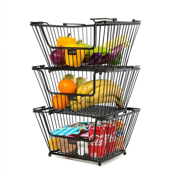 K-Cliffs Stackable Metal Storage Baskets Heavy Duty Quality Bread Wire Baskets Snack Bins for Office Craft Room Kitchen Pantry Office Garage Store Display, 3pcs Pack, Black