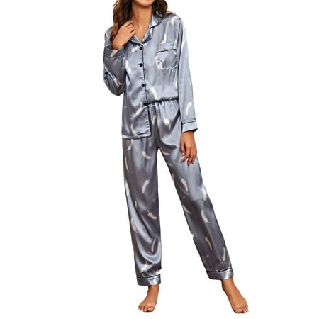 

QWERTYU Womens Satin Nightwear Two-Piece Sleepwear Striped Long Sleeve and Pants Sets Pj Set Lounge Pajamas Set Hot Pink XL