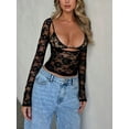thumbnail image 2 of Women Floral Lace 2Pcs Outfit Sheer Mesh Low Cut Crop Top Short/Long Sleeve See Through T Shirts +Bra Set Going Out Tees Tops, 2 of 7