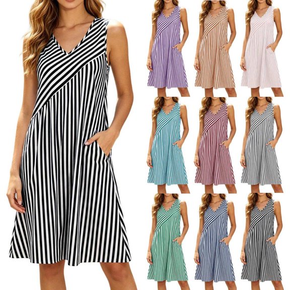 Bxsruta Women's V Neck Sleeveless Striped Midi Dress Casual A Line Tank Dress with Pockets Lightweight Breathable Pull on Flowy Summer Comfortable Everyday Dress