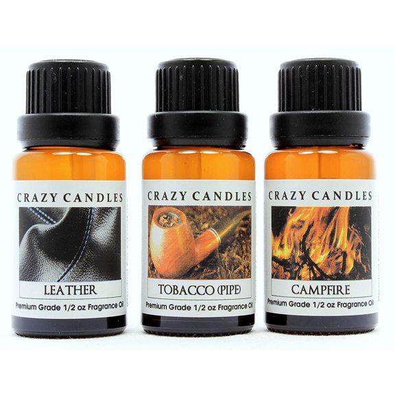 3 Bottles Set (Made in USA) 1 Leather, 1 Campfire, 1 Tobacco (Pipe) 1/2 Fl Oz Each (15ml) Premium Grade Scented Fragrance Oils (New and Improved)