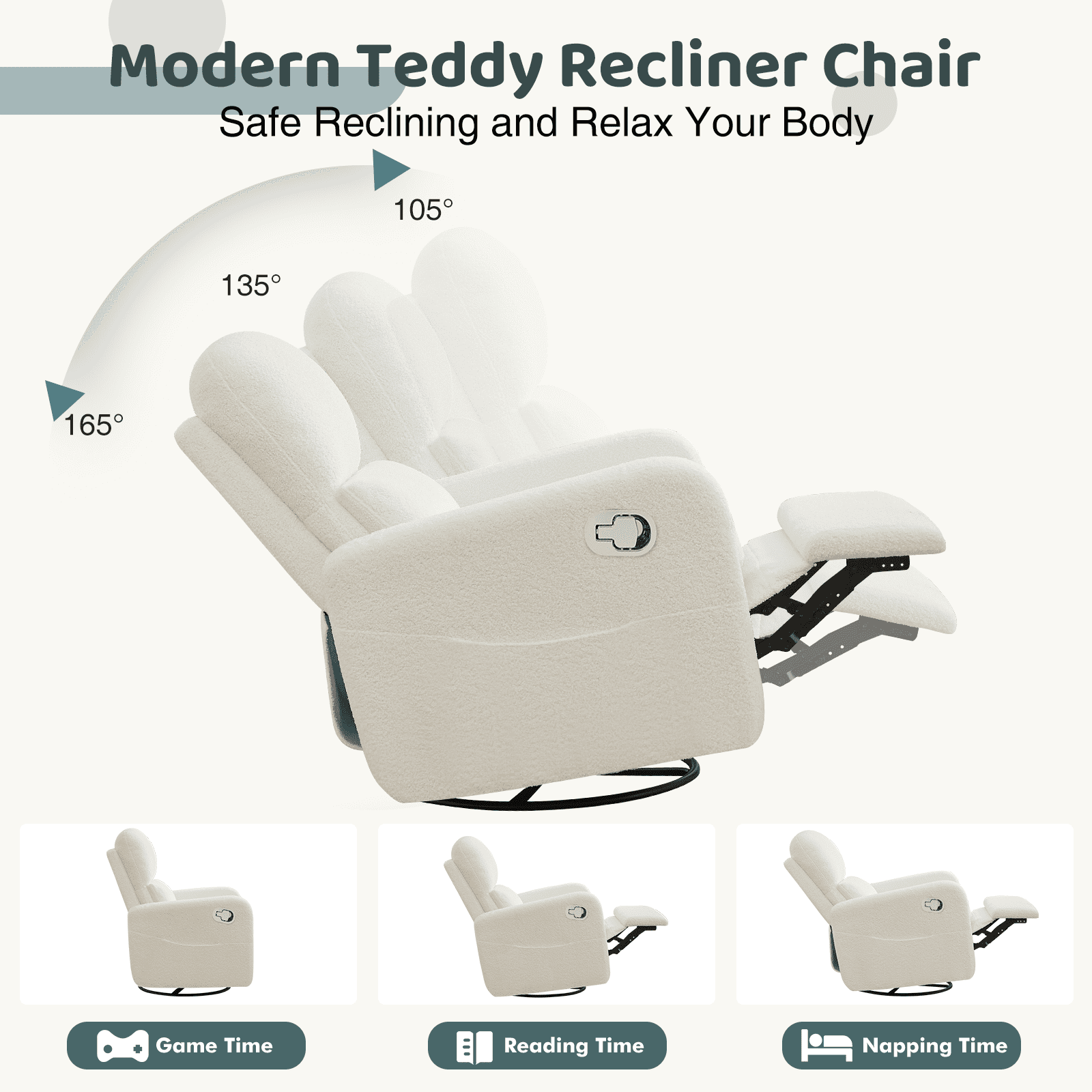 Aemeios Swivel Manual Recliner Chair Teddy Fabric Nursery Glider Rocker Recliner, White