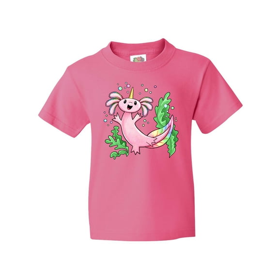 Inktastic Axolotl Unicorn with Rainbow Tail, Bubbles and Seaweed. Youth T-Shirt