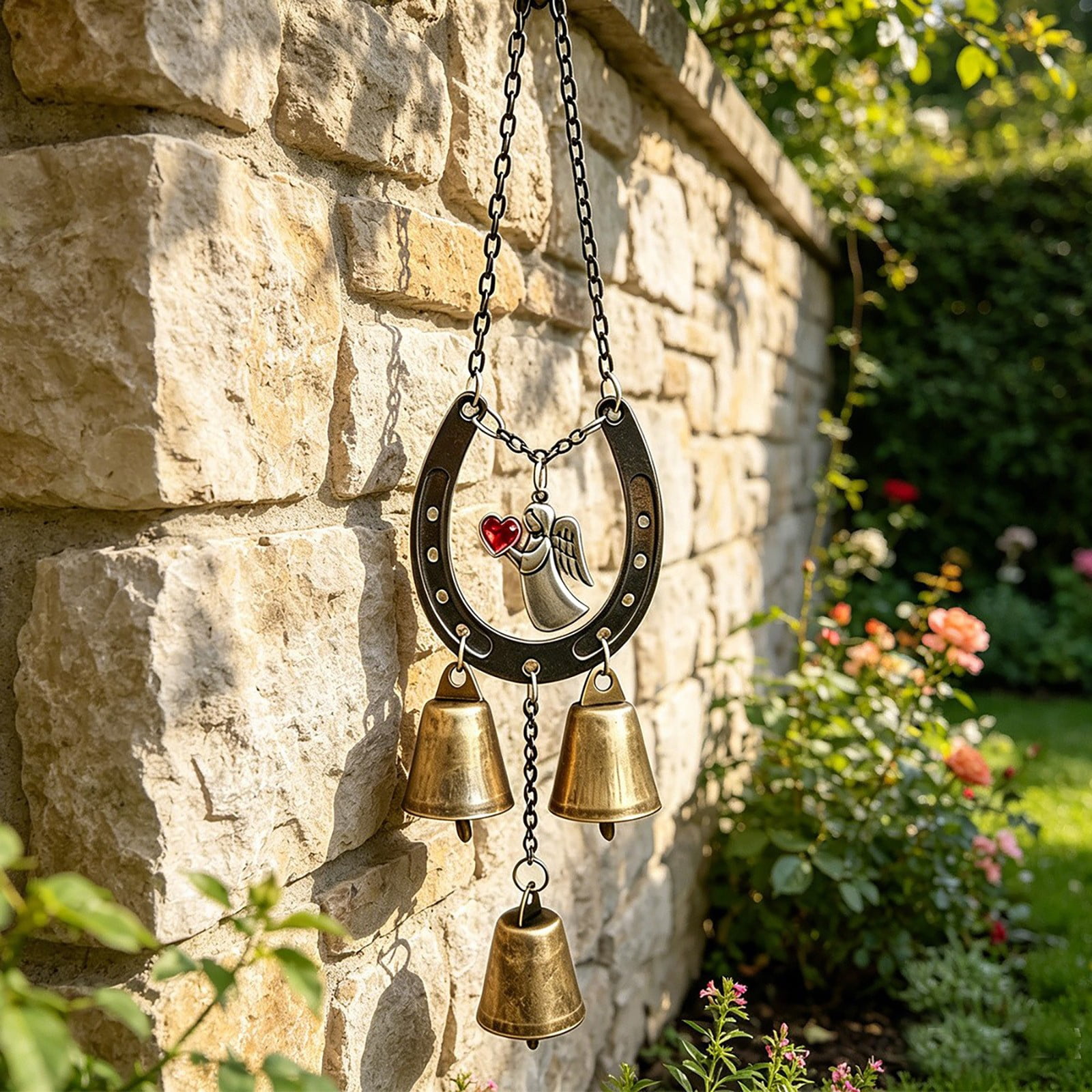 Horseshoe‑Angel Metal Bell Wind Chime Wind Chimes for Outside Clearance Outdoor Wind Chimes Lucky Horseshoe Hanging Bell Ornament Guardian Angel Wind‑Chime Porch Decor 1Pcs