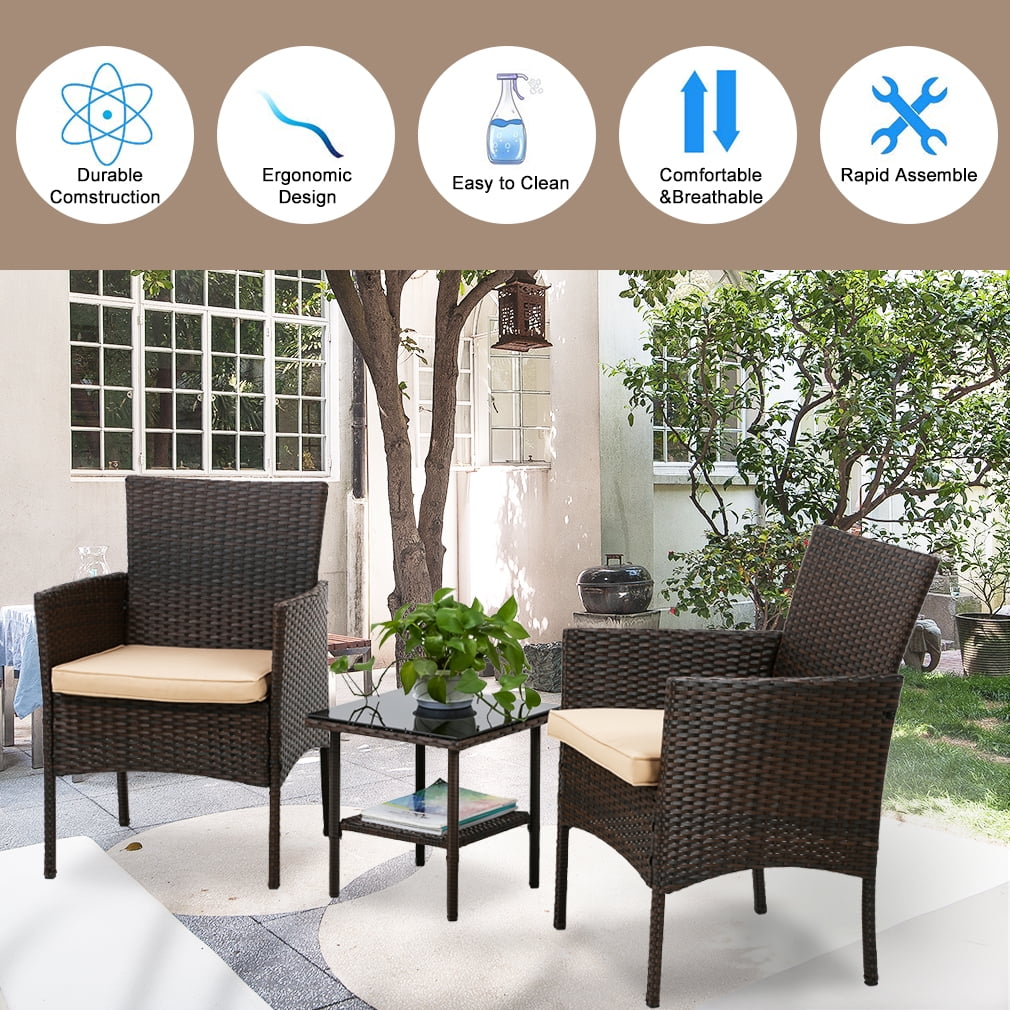 FDW Outdoor Patio Furniture Sets 3 Pieces Patio Set Wicker Bistro Set Rattan Chair Conversation Sets Garden Porch Furniture Sets for Yard and Bistro with Coffee Table,Brown
