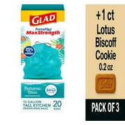 Glad ForceFlex MaxStrength Drawstring Bahama Bliss Scented Tall Kitchen Trash Bags 13 Gallon 20 ct - Pack of 3 & Lotus Biscoff Cookie - 0.2 Oz - 1 ct