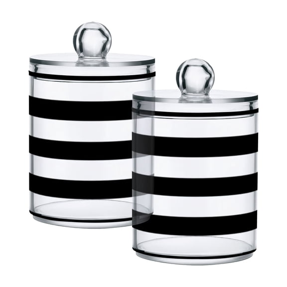 Black White Horizontal Narrow Stripes Translucent Plastic Cans Storage Canisters with Lid Set of 2