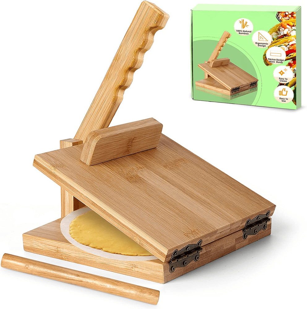 Tortilla Press 10 Inch Large Bamboo Wood Tortilla Press with Rolling