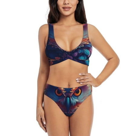 Zeuib Colorful Feather Owl High Waisted Tummy Control Bikini Set - Knot Front Push Up Top & Cheeky Thong Bottom  Two-Piece Swimsuit for Women-Small