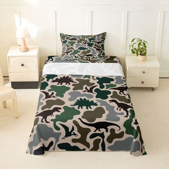 Feelyou Camo Dinosaur Twin Sheet Sets for Male Boys, Jungle Silhouette Wildlife Bedding, Olive, 3 Pieces