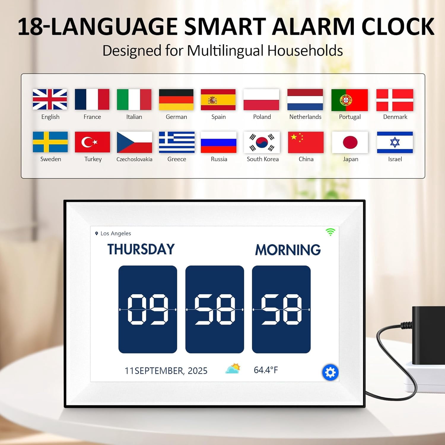 WiFi Touch Screen Digital Calendar Clock 10.1 Inch with 64 Custom Alarms Auto-Sync  Date 7-Day Weather Forecast Weekly Schedules Desk Alarm Clock for Bedroom Kitchen