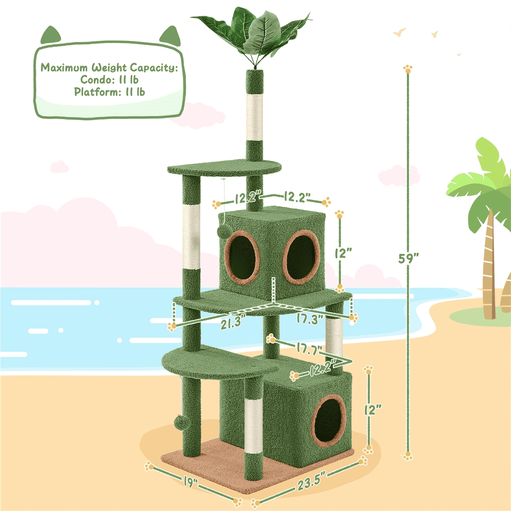Yaheetech 59'' H Cat Tree Tower with 2 Condos & Scratching Posts, Green/Brown
