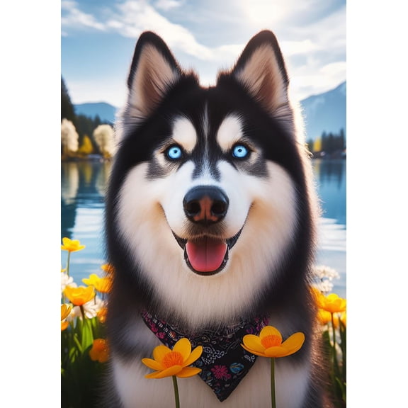 Siberian Husky Black/White Blue Eyes - Best of Breed DCR Spring Garden Flag 12" x 17"