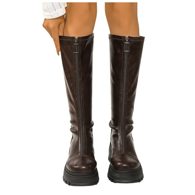 Rokment Women's Platform Knee High Boots with Front Zipper Winter Fall Fashion Leather Chunky Heels Motorcycle Riding Tall Boots