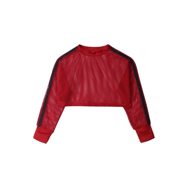 Manyakai Hauts Classiques de Ballet à Manches Longues en Résille pour Filles Jeunes Filles Manches Longues Col Rond Sport Danse Crop Top Rouge 10