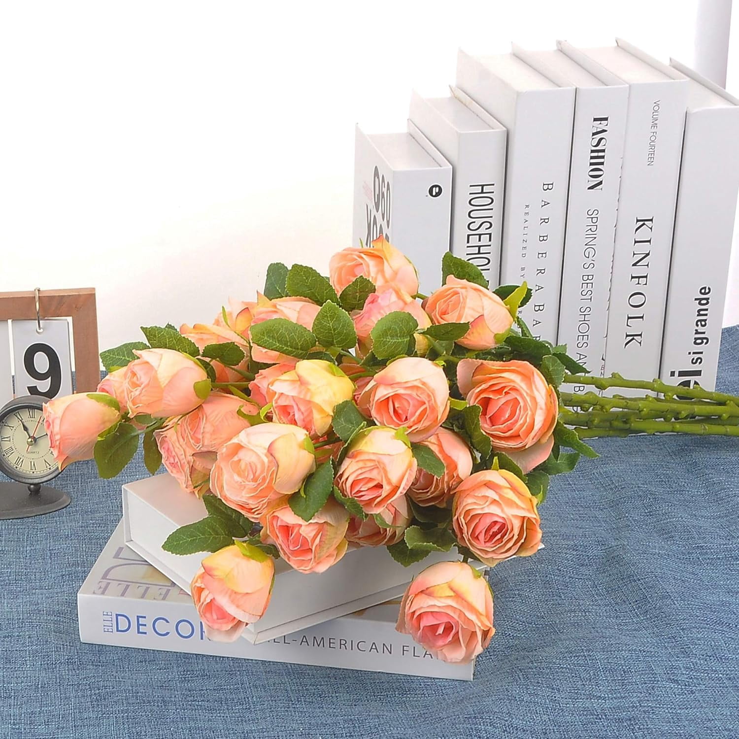 Dried Flower Artificial Rose 6pcs 24 Inch Long Stem Silk Rose with 5 Flowers for Wedding DIY Bridal Bouquet Home Decor Centerpiece Arrangement(White)